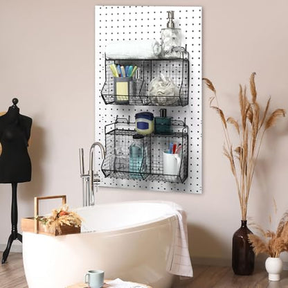 Huwena 2 Pcs Tiered Pegboard Baskets Bins Set with 4 Hooks