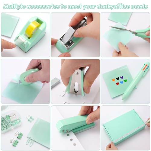 Green Desk Accessory Kit Cute Office Supplies Set Desktop Stapler Set Includes Staple Remover Hole Punch Tape Dispenser Ballpoint Pen Scissor Mini Box Cutter Tape Measure Paper Clips Sticky Notes - color: Green