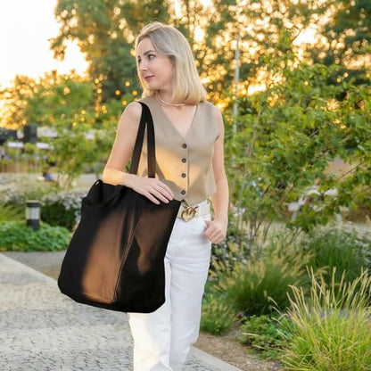 musbus 3-Pack Large Canvas Bag, Reusable Grocery Bags with inner pockets - color: Black