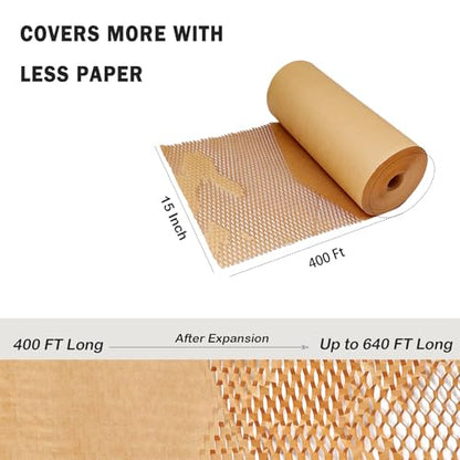 Honeycomb Packing Paper 15" x 400' for Moving Glass Dishes Recyclable Wrapping Paper Bubble Wrap Packing Material for Shipping Fragile Items with 20 Fragile Stickers - size: 15" x 400 Ft