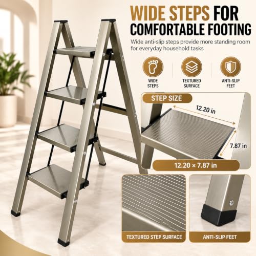 HISMOCAL 4 Step Ladder, Folding Step Stool, 330 lb Aluminum with Wide Steps - color: Golden, size: 4 Step