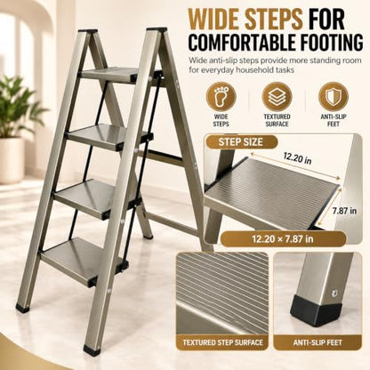 HISMOCAL 4 Step Ladder, Folding Step Stool, 330 lb Aluminum with Wide Steps - color: Golden, size: 4 Step