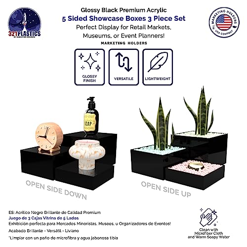 Marketing Holders Acrylic Display Riser Boxes Black 3 Piece Retail Product Riser 2", 4", 6" High Nesting Bins One Open Side No Lid Merchandise Storage Box POP Showcase - size: Set of 3 Black