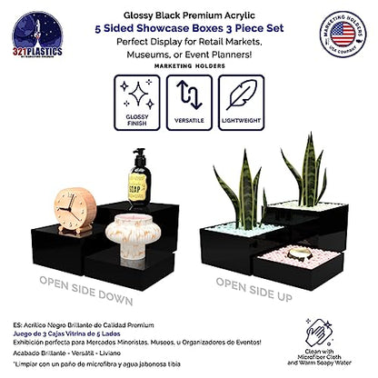 Marketing Holders Acrylic Display Riser Boxes Black 3 Piece Retail Product Riser 2", 4", 6" High Nesting Bins One Open Side No Lid Merchandise Storage Box POP Showcase - size: Set of 3 Black