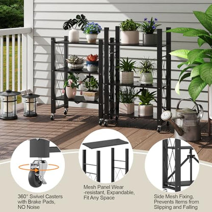 6-Tier Foldable Storage Shelves with Wheels Folding Bookshelf no Assembly - color: Black, size: 6 Tier