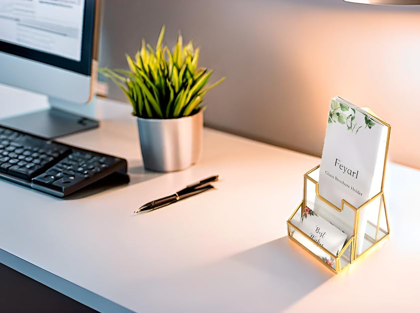 Feyarl Gold Glass Brochure Holder Pamphlets Cards Literature Holder Flyer for 4" Trifold Holder Glass Display Stand with Business Card Holder for Brochures Magazines Literatures Display Countertop
