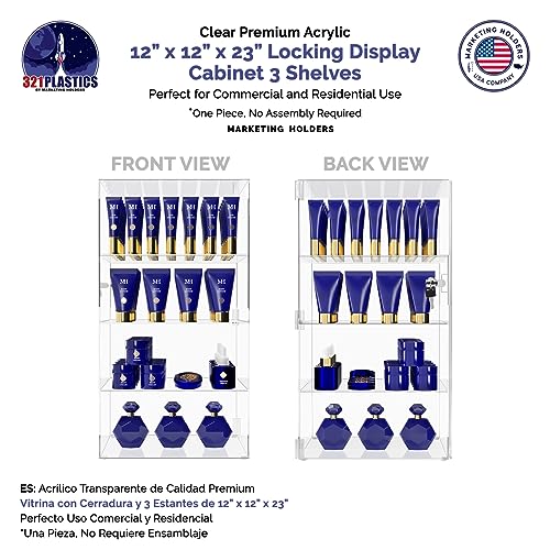 Marketing Holders Acrylic Locking Vertical Cabinet with Keys 12" x 12" x 23" Clear Tall Countertop Locker One Piece No Assembly Cupboard with Swinging Door for Retail Merchandise - size: 12" x 12" x 23"