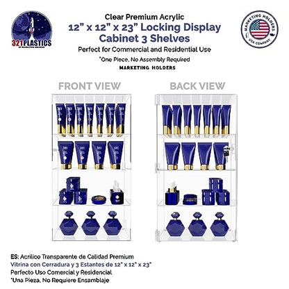 Marketing Holders Acrylic Locking Vertical Cabinet with Keys 12" x 12" x 23" Clear Tall Countertop Locker One Piece No Assembly Cupboard with Swinging Door for Retail Merchandise - size: 12" x 12" x 23"