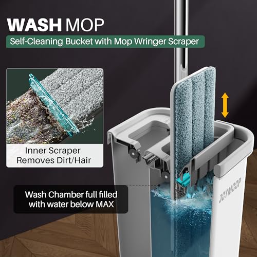 JOYMOOP Wall Mop and Bucket Set, Hands-Free Flat Floor Mop with 3 Washable Microfiber Pads, Wet and Dry Use, Ideal for Home and Commercial Floor Cleaning - color: White Lite133