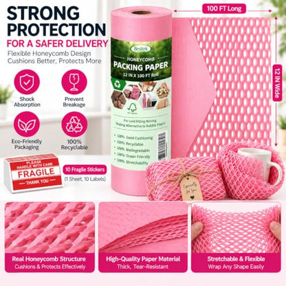Pink Honeycomb Packing Paper, 12" x 100 ft, Gift Wrapping Paper - color: Pink, size: 12 Inch x 100 Feet