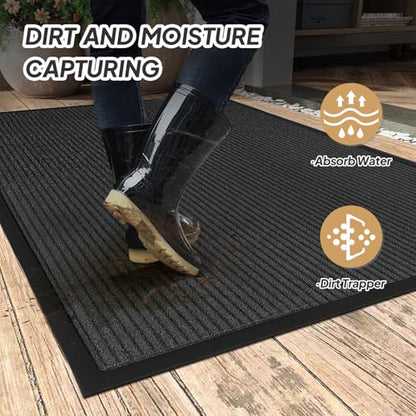 ROVSUN Front Door Mat Indoor Outdoor Entrance, Waterproof Heavy Duty Doormat, Stain and Fade Resistant, Low Profile, Easy Clean Welcome Floor Mats for Commercial Entry Patio Porch, 59"×35", Grey