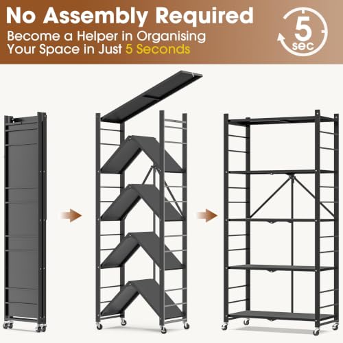 Fenbeli 5-Tier Folding Metal Storage Shelves with Wheels, 750 lb Capacity - color: Black-a, size: 5 Tier