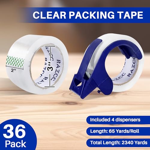 RAZCC Clear Packing Tape, 36 Rolls Heavy Duty Packaging Tape with Dispensers for Packing Shipping Moving and Sealing, Thicker Packing Tape-2" x 65 Yards Per Roll, 2340 Total Yards - size: 2inch-36 Rolls