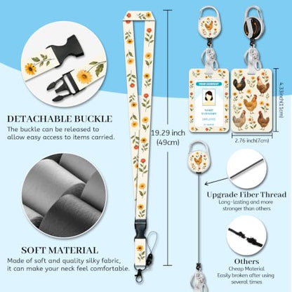 Hancynir Chicken Lanyards for Id Badges, Badge Holder Retractable Reel Clip - color: Chicken Floral