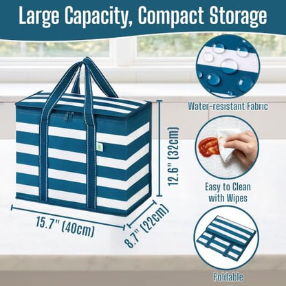 VENO 2 Pack Cooler Bag Insulated Grocery Bags for Food Delivery Heavy Duty - color: Classic Navy Stripe, size: 2 Pack