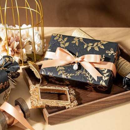 WRAPAHOLIC 3D Kraft Wrapping Paper Roll - Mini Roll - 17 Inch x 16.5 Feet - Gold and Black Leaves Design with Embossed Perfect for Birthday, Holiday, Wedding, Baby Shower - color: Black & Gold Leaves