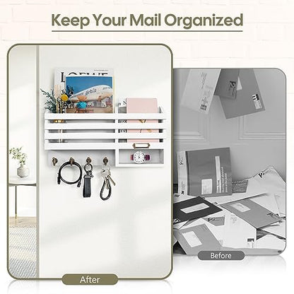 FifthQuarter Mail Holder Wall Mount with 2 Mail Slot and 4 Sturdy Hooks - color: C-White
