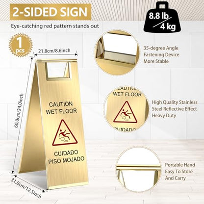 LEIFIDE 1 Pcs Wet Floor Signs, Bilingual Stainless Steel,Gold - color: Gold