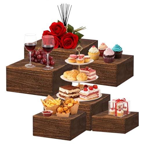 6 Pack Square Wooden Display Risers, Rustic Buffet Food Stands with Cards & Pens