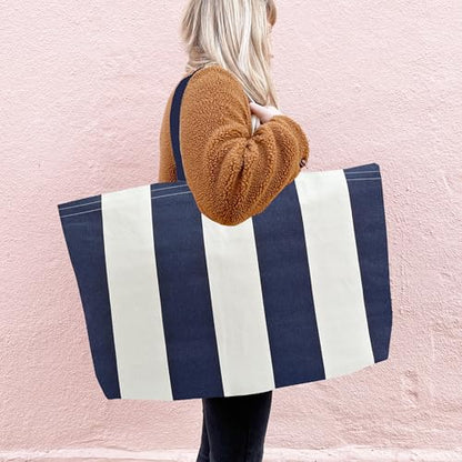 Large Canvas Tote Bag Reusable Extra Big Grocery Bags - color: Blue White Stripe