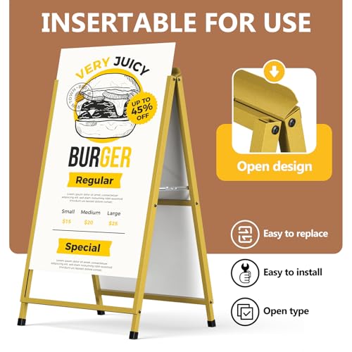 Golden A Frame Sign, Heavy Duty Slide-in A Frame Sign Holder, Double-Side 24x 36 Inch Sandwich Board for Office, Wedding, Business, Party Poster, Frame only