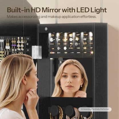 HOOBRO LED Mirror Jewelry Cabinet, Wall/Door Mounted Jewelry Organizer - color: Black