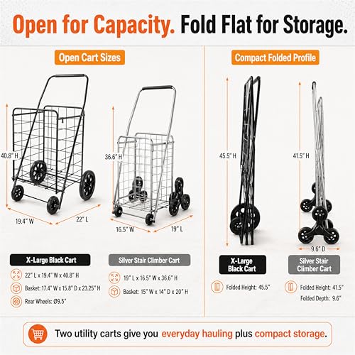 Wellmax 2-Pack Stair Climber Cart, Folding Grocery Cart for Stairs, XL & L - size: Large-Medium