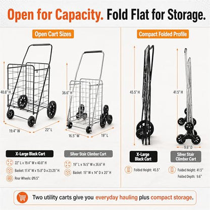 Wellmax 2-Pack Stair Climber Cart, Folding Grocery Cart for Stairs, XL & L - size: Large-Medium