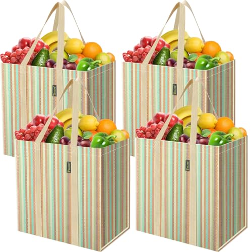 BALEINE 4 PK Grocery Bags Reusable Shopping Bags with Reinforced Bottom, Heavy Duty Foldable Tote Bags (Color Strip) - color: Color Strip, size: 4 PK