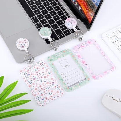 3 Pack Floral Id Badge Holder with Retractable Reel, Vertical Clip - color: Small Flower