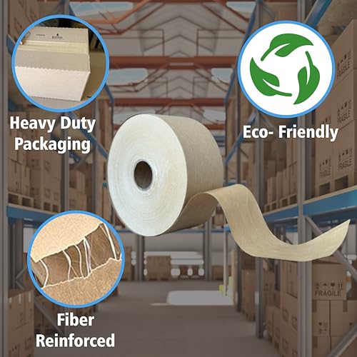 3" x 450 Feet Reinforced Water Activated Gummed Kraft Paper Tape (10-Pack, 4500FT Total) for Heavy Duty Secure Packing & Shipping, Tamper Evident Brown Gummed Tape
