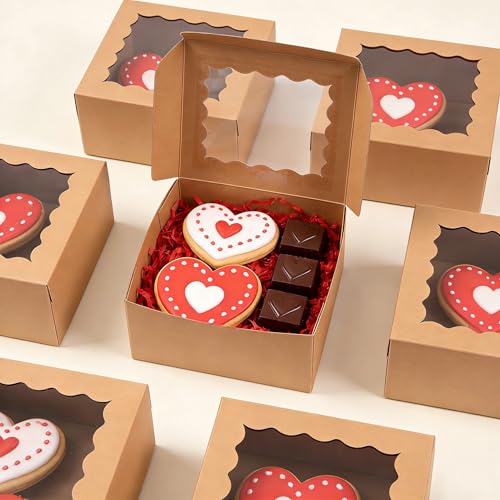 XINHPKGG 100 Pcs Brown Cookie Boxes 4x4x2.5 Inch Bakery Boxes with Window - color: Brown