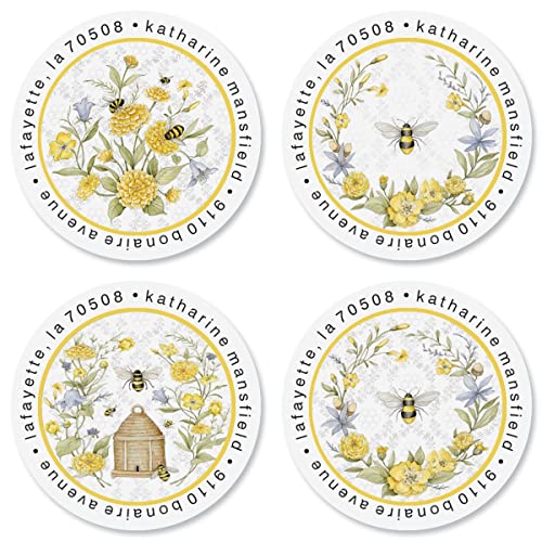 Summer Bee Personalized Round Address Labels - Set of 144 (4 Designs), Round Self-Adhesive, Flat-Sheet Labels, by Colorful Images - color: Summer Bee