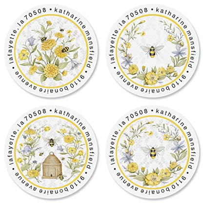 Summer Bee Personalized Round Address Labels - Set of 144 (4 Designs), Round Self-Adhesive, Flat-Sheet Labels, by Colorful Images - color: Summer Bee