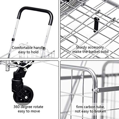 ReunionG Folding Shopping Cart, Double Basket Supermarket Cart with Adjustable Wide Cushion Handle Bar and Swivel Wheels, Suitable for Grocery Book Luggage Travel Laundry, Large Utility Carts (Silver)
