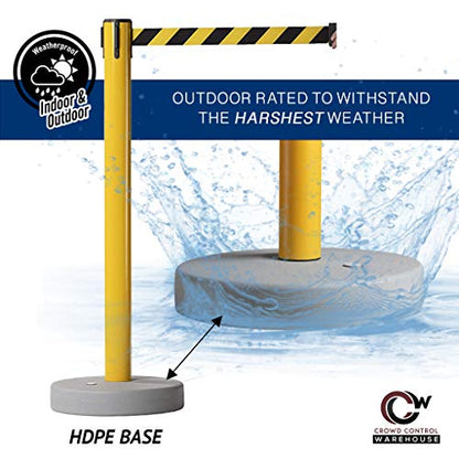 Crowd Control Warehouse - CCW Set of 2 Retractable Belt Barrier Stanchion, Water Fillable Base MSH630-11 Foot Belt, Magenta and Yellow Diagonal with Black PVC Plastic Post - color: Magenta and Yellow Diagonal, size: Black Post