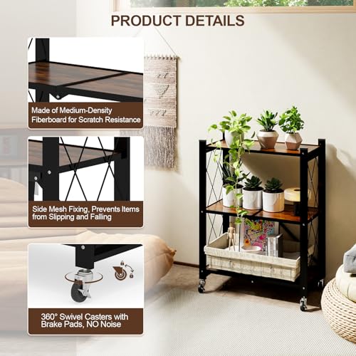 3 Tier Folding Shelf with Wheels, Wood and Metal Bookshelf - color: Brown Wooden, size: 3 Tier