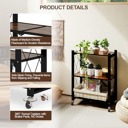3 Tier Folding Shelf with Wheels, Wood and Metal Bookshelf - color: Brown Wooden, size: 3 Tier
