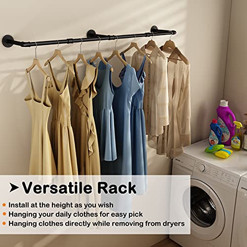 Wall Mounted Clothes Rack, 52.6in Industrial Pipe Clothing Rack for Hanging Clothes, Heavy Duty Garment Rack Wall, Space-Saving Bar, Multi-Purpose Hanging Rod for Laundry Room, Bedroom, 2Packs - size: 52.6Inches