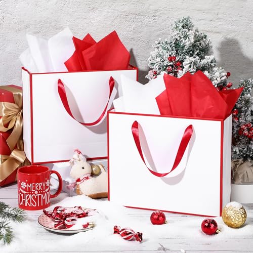 ReliThick 12 Pack Paper Gift Bag with Handles & Tissue, White, Red - color: White, Red