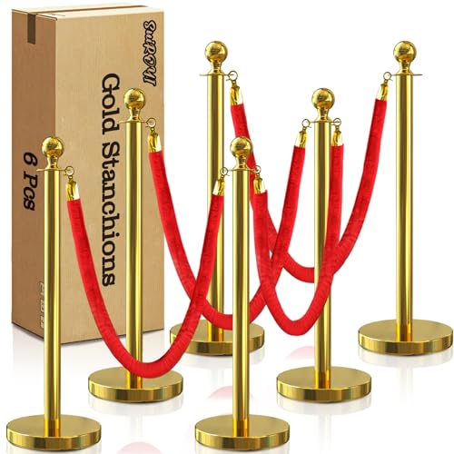 6 Pcs Gold Stanchions with Velvet Ropes with 4 Pcs 5 Ft Red Velvet Ropes Carpet Ropes Posts Stanchion Set for Crowd Control Barriers for Weddings, Events, Hotels, and Party Decor - color: Gold, size: 6