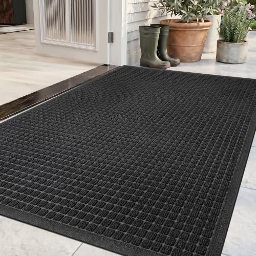 Front Door Mat 2'x6', Heavy Duty Waterproof Indoor Outdoor Doormat, Black Outside Entryway Rugs - color: Black Small Squares, size: 2' x 6'(Rectangular)