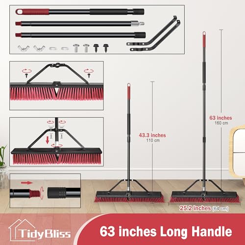 TidyBliss 24” Large Push Broom Outdoor Heavy Duty with 63” Long Handle - color: Red