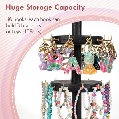 Pinzoveco Bracelet Holder, 3 Tier Wooden Rotating Bracelet Display Stand, Tree Stand Vendor Booth Display with Adversitsing Board, 36 Hooks for Bracelet, KeyChain Display Stands for Selling, Black (Patent Pending) - color: Weathered Black