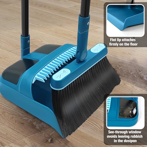 JEHONN Dustpan and Brush Set, 54 inches Long Handle Swivel Broom, Upright Foldable Dust Pan with Comb Teeth for Home Kitchen Lobby Indoor Floor Cleaning(Blue)