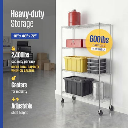 SafeRacks NSF 4-Tier Heavy Duty Steel Wire Rack w/Wheels (18"x48"x72") - color: Silver, size: 18"x48"x72" 4-Tier