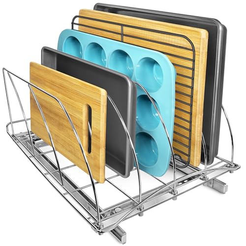LYNK PROFESSIONAL® Pull Out Cookie Sheet Organizer for Cabinet – Baking Sheet Organizer – Sheet Pan Organizer - Lifetime Ltd. Warranty – 14” x 21” Deep Inside Cabinet, Chrome - size: 14w x 21d x 9.6h -inch