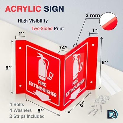 Fire Extinguisher Sign with Arrow, 3D Acrylic V Sign, Wall Mount, Screws - color: Red Acrylic - Pack of 1