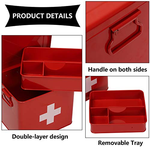 First Aid Kit, First Aid Medicine Supplies Bin - 2-Tier Metal Medicine Storage Tin, First Aid Box with Removable Tray for Home Emergency Tool Set-Red