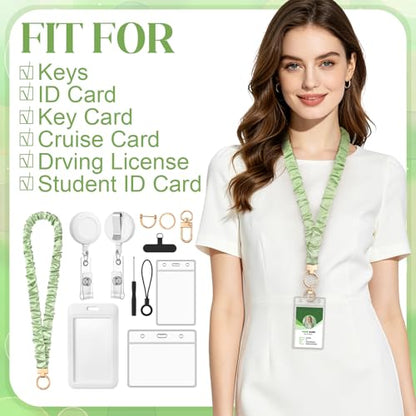 5 in 1 Set Green Scrunchies Lanyards for Id Badges, Stretchy Lanyard with ID Badges Holders for Women Teacher Nurse - color: Green